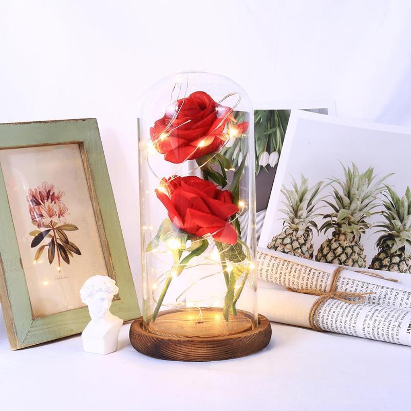 

Preserved Fresh Flower Rose Glass Cover Eternal Flower Immortality Romantic 2 Roses Valentine'S Day Floral Decor Gift Party1, Beige base