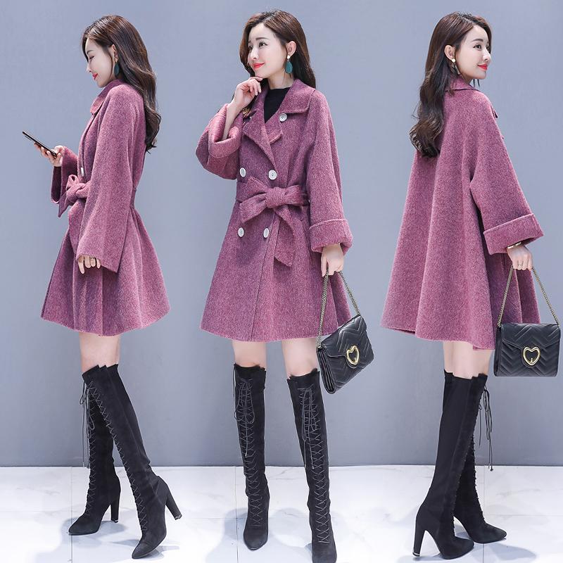 

2020 Autumn Winter Women Double-breasted Loose Woolen Coat Wear New Women' Long Solid Jacket Nizi Coat Loose Tie Woolen, Purple