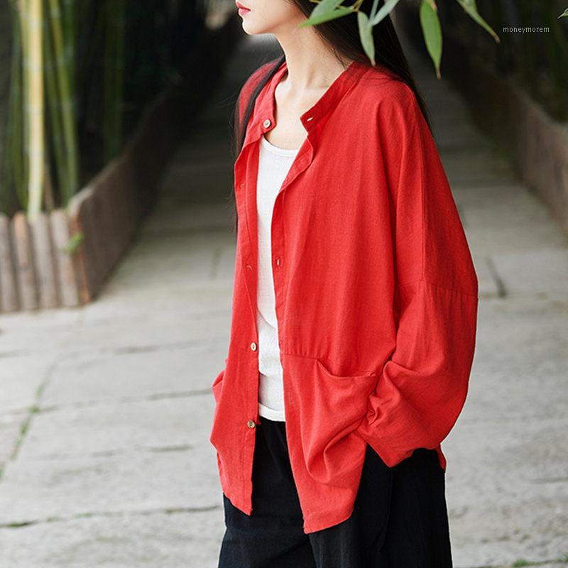 

Spring Summer Cotton and Linen Short Coat Female Long-sleeve Stand Collar Outside Cardigan Retro Sunscreen Shirt Jacket K4491, Black