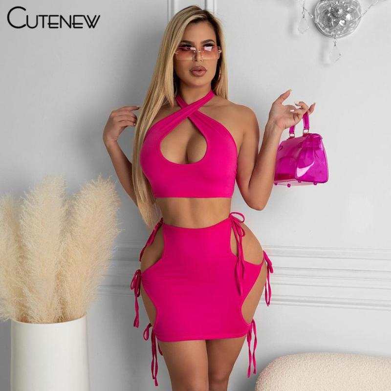 

Work Dresses Cute Sexy Hollow Out Backless Bandage Solid Camisole And Mini Skirt Women Two Piece Set 2021 Summer Street Vacation Lady Suit, White;black