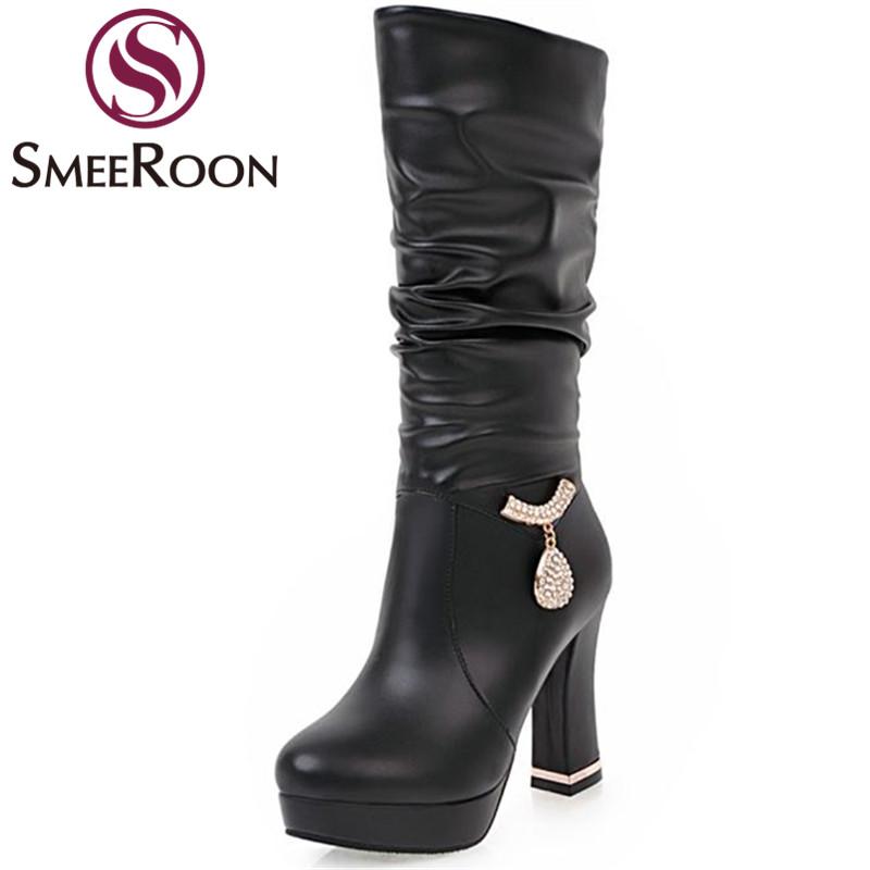 

Smeeroon 2020 popular srystal slip on mid calf boots for women sexy high heels boots office warm winter prom shoes woman, Beige