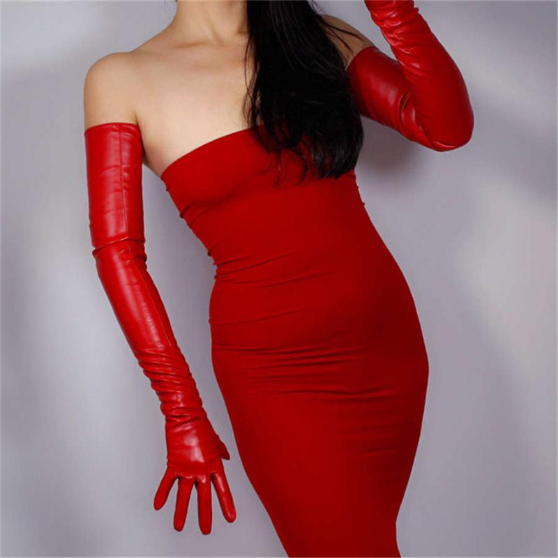 

70cm Extra Long Leather Gloves For Women Above The Elbow Made Of Artificial Sheepskin PU Women Gloves Fashion Red 3-PUDH70