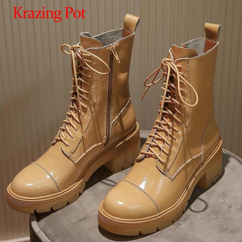 

Krazing pot large size 2020 winter new boots real leather cross-tied round toe thick high heel lace up fashion ankle boots L50, Black