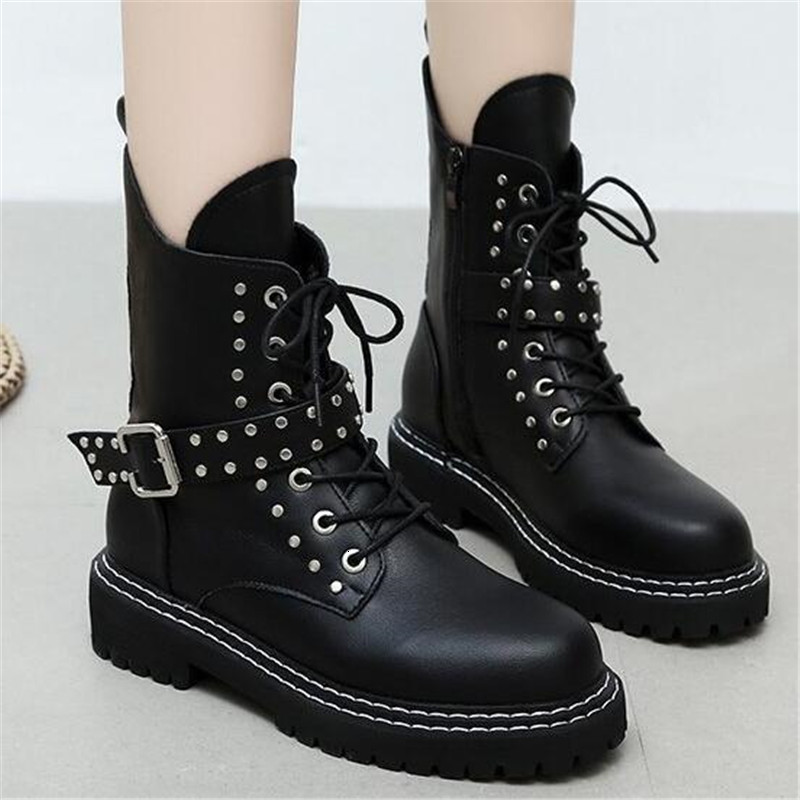 

New Round 2021 Toe Rivets for Women Black Zip Winter Shoes Punk Metal Buckle Boots -40 KBQT