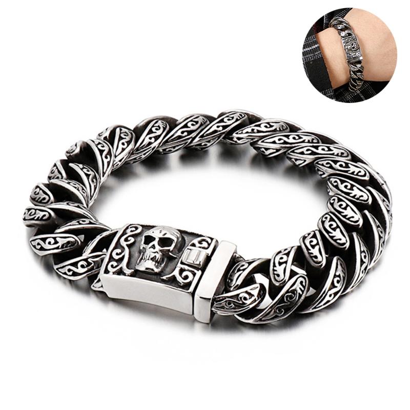 

15mm Heavy Punk Biker Skull Charm Bracelet Mens 22cm Vintage Stainless Steel Curb Cuban Link Chain Bracelets Armband Jewelry