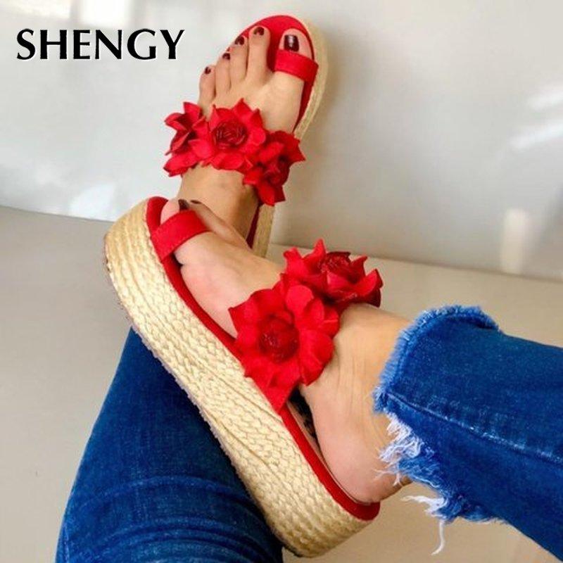 

2020 Women Summer Beach Sandals Mid Heels Wedges Shoes Woman Flip Flowers Sandalias Slippers Slides, Black
