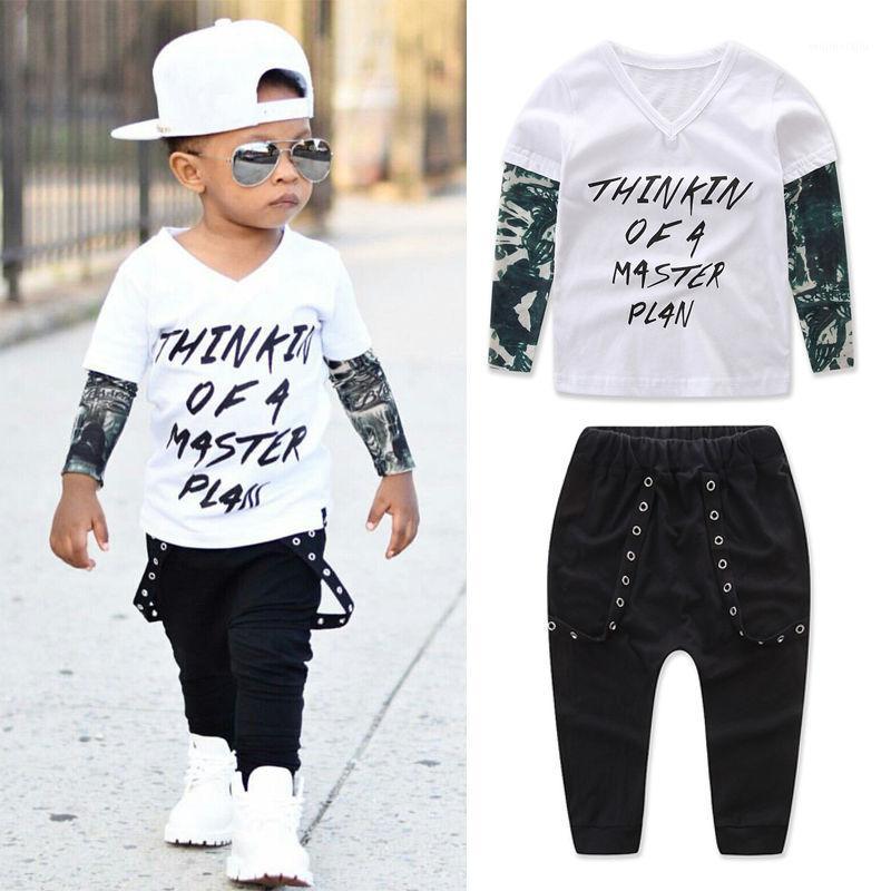 

0-24M Newborn Baby Boy Clothes Sets Toddler Infant Letter Print T-shirt Tops+Loose Long Pants 2pcs Outfits Sets1, White