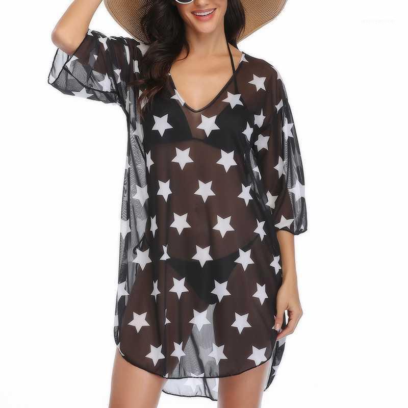 

Women Swimming Cover Ups Vintage Loose Beach Dress Beach Cover Up Tunic Sarongs Blouses Swimwear Female Pareo Tops Anti-UV1, Black