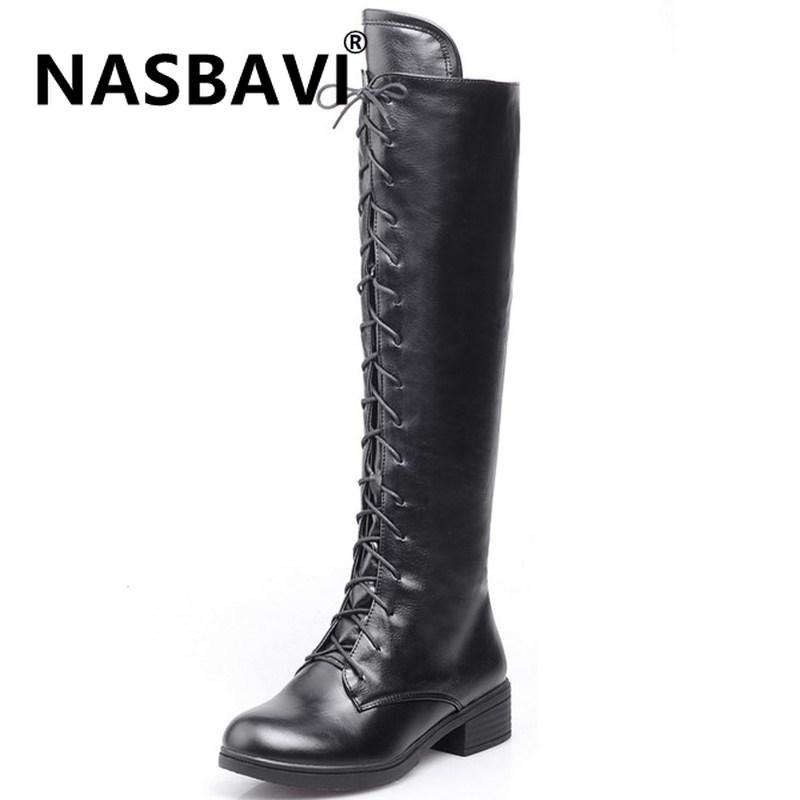 

Women Sexy Knee High Boots Fashion Lace Up Leather Round Head Low-heeled Winter, Black