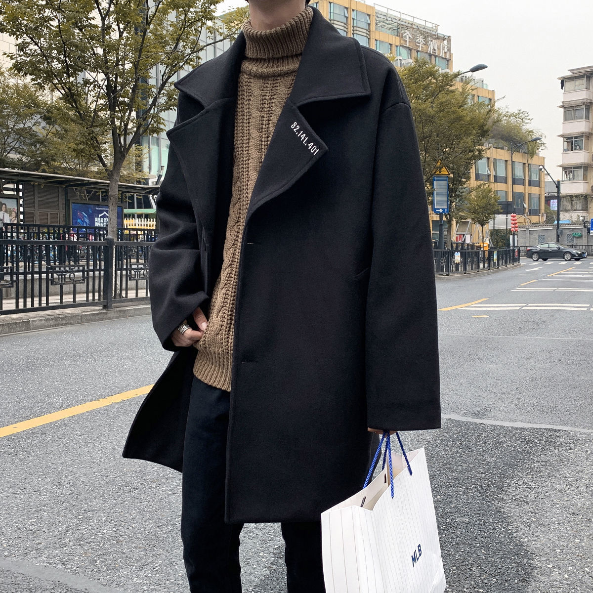 

Autumn 2021 Male Thin New Winter Embroidered Wool Coat Lapel Young Men's Clothes 4DXJ, Gray.