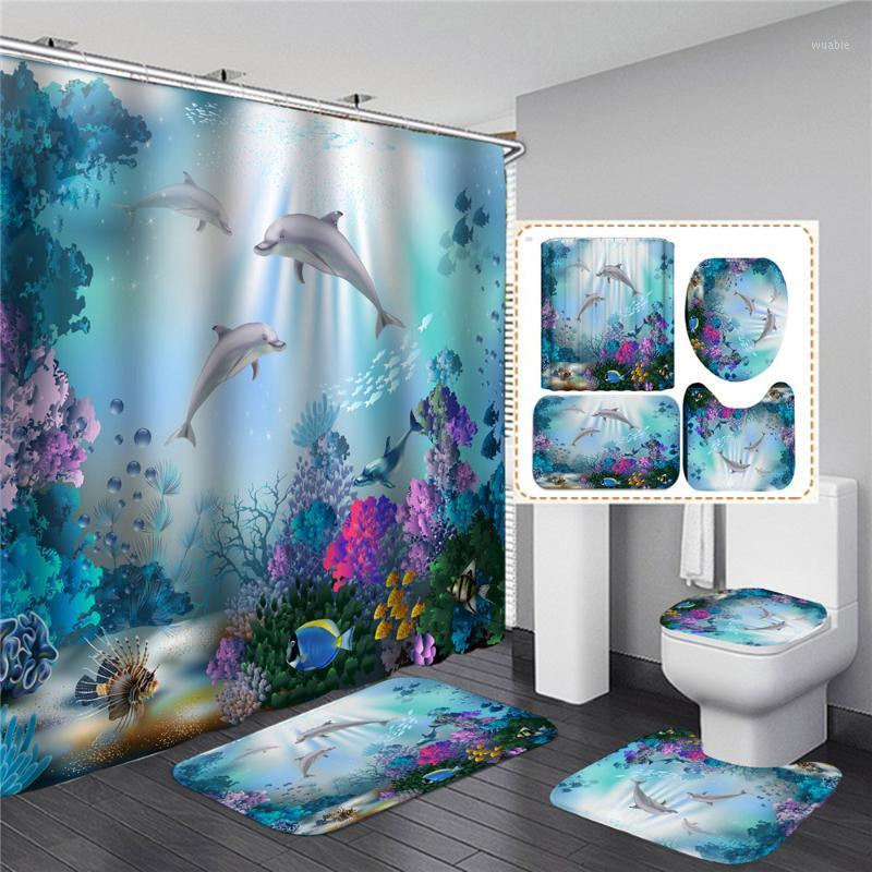 

Ocean Sea Shower Curtain Bathroom Waterproof Pedestal Rug Lid Toilet Cover Bath Mat Set with C-shaped Curtain Hooks1