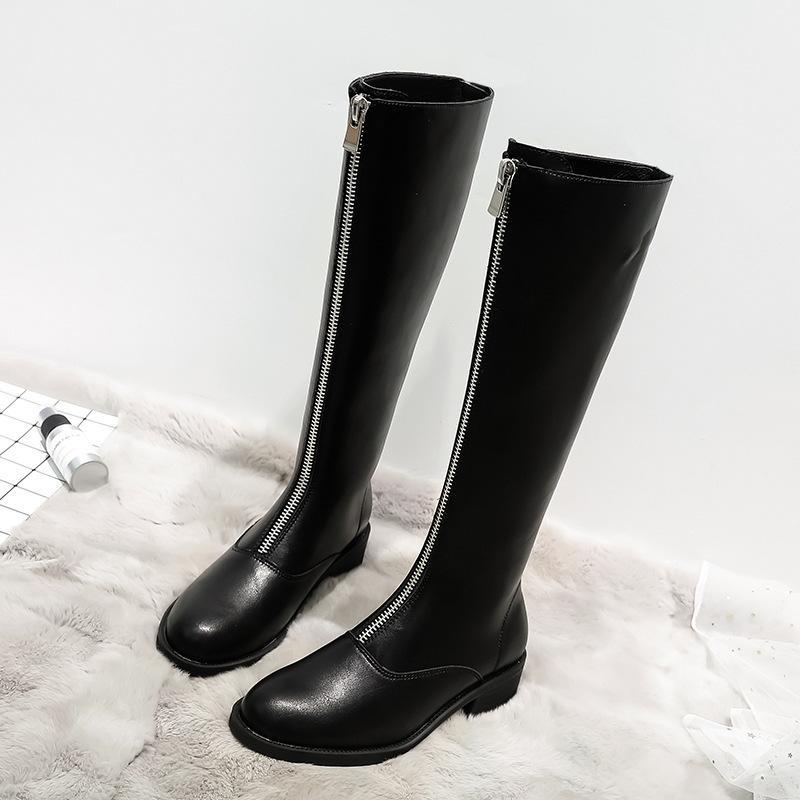 

BJYL 2020 Autumn Winter New Woman Plus Velvet Long Boots Women Mid Heel Boots Front Zipper High Motorcycle1, Black