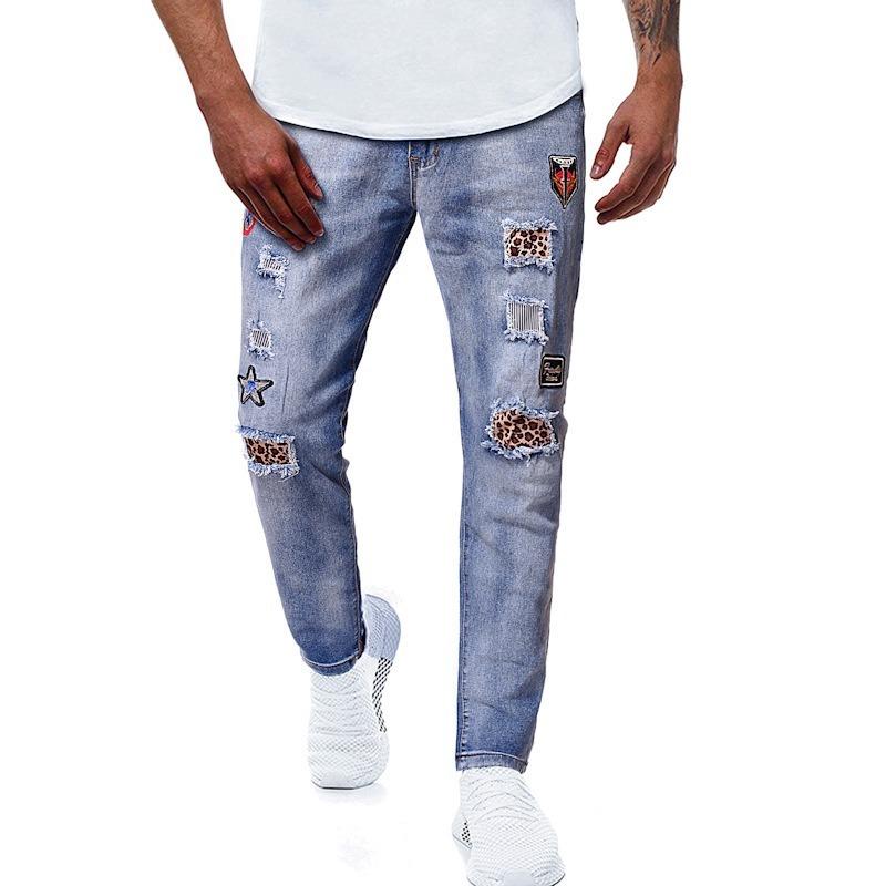 

Casual Men Jeans Straight Slim Cotton High Quality Denim Pants Casual Straight Tube Slim Jeans Pants with Hole Embroidery, Blue
