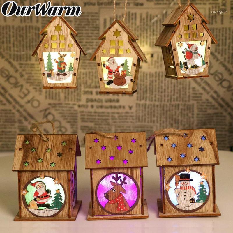 

OurWarm Cute Festival LED Light Wood House Christmas Tree Hanging Pendant Elk Santa Clause Snowman Ornaments Christmas Tree Deco1