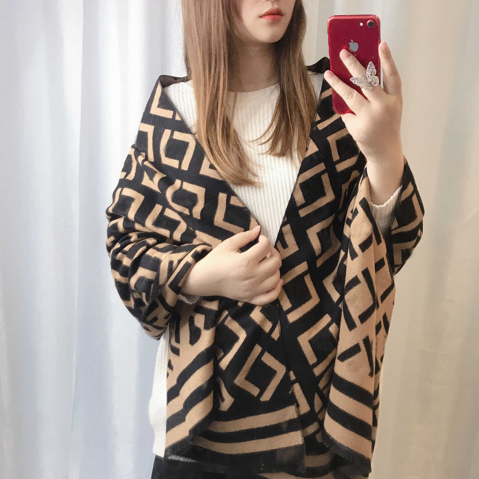 

f Letter Presbyopia Scarf Autumn and Winter New Cashmere Like Neck Double Sided Thickened Warm Shawl Dual Purpose