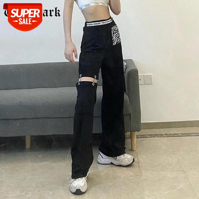 

Goth Dark Gothic Patchwork Pants E-girl Style Zebra And Letter Printed Wide Leg Black High Waist With Pockets Joggers Trouser #0x6W, Black;white