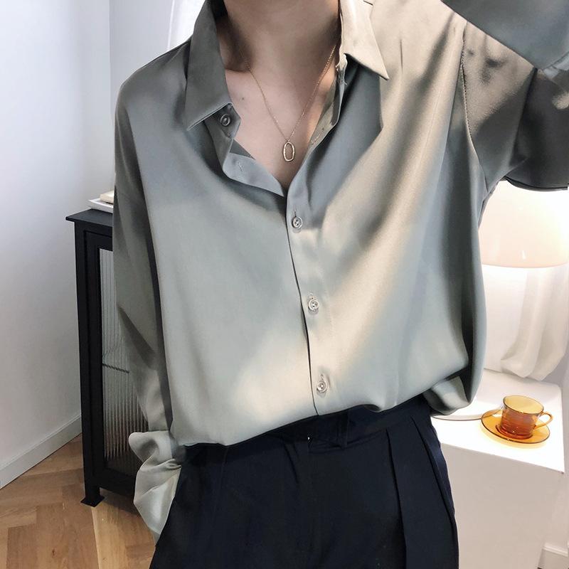 

Long Sleeve Formal Women Tops Shirts Chiffon Satin Shirt For Women Blouses Office Ladies White Blouse Loose Fashion Streetwear, Gray