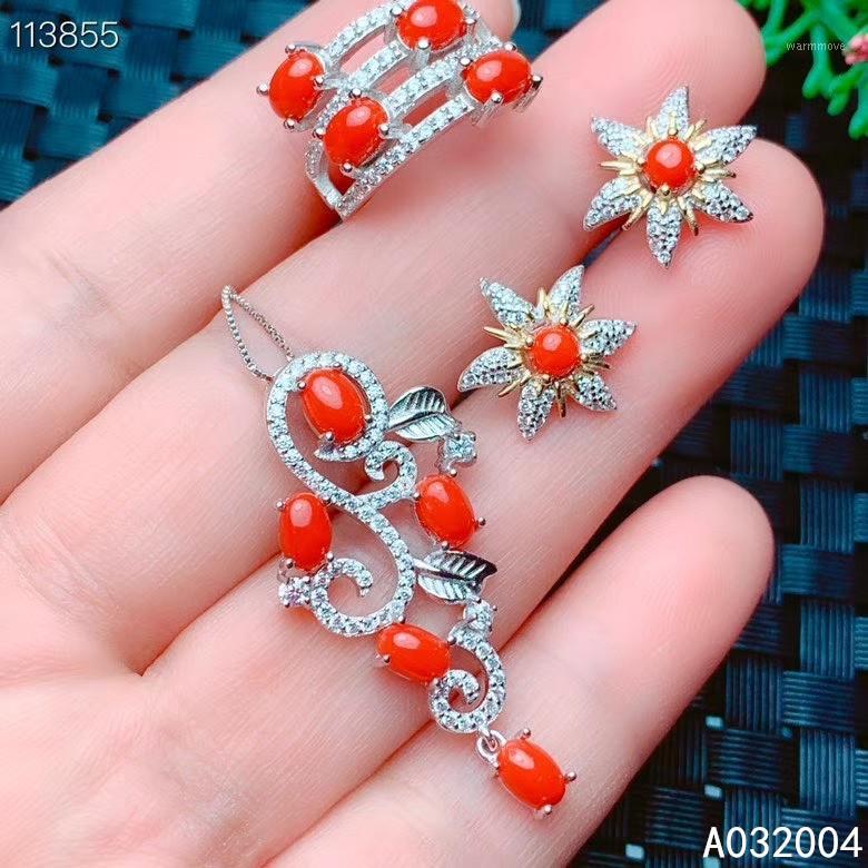 KJJEAXCMY Fine Jewelry 925 sterling silver inlaid natural red coral new female ring pendant earring set classic supports test1-image-639904433