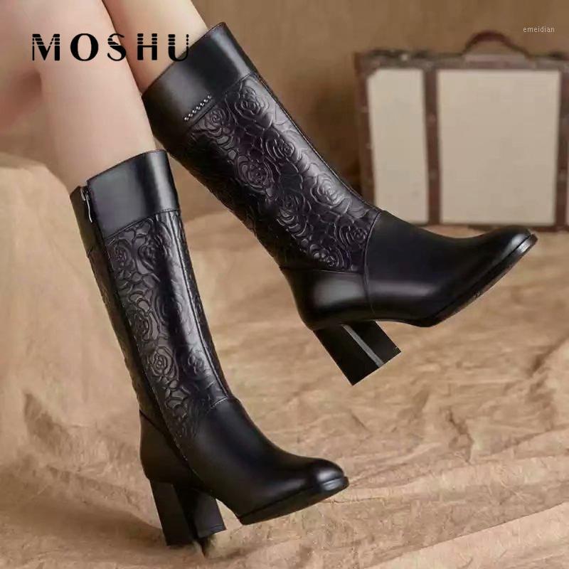 

Winter Women Boots Vintage Floral Fretwork Mid Tube Boots Warm Fur High Heel Women Shoes Pointed Toe Zapatos De Mujer1, Black