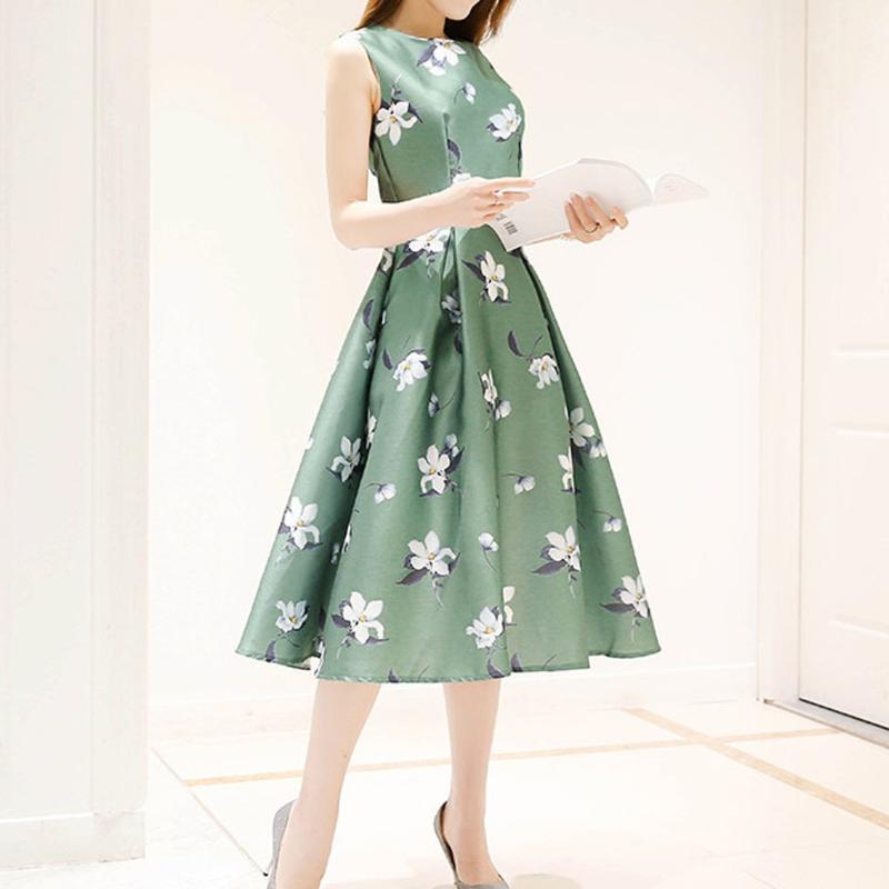 

2020 Hot Sale Women Midi Party Dresses Big Skirt Summer Print Beach Dress Round Neck Sleeveless Dress Vestidos Plus Size1