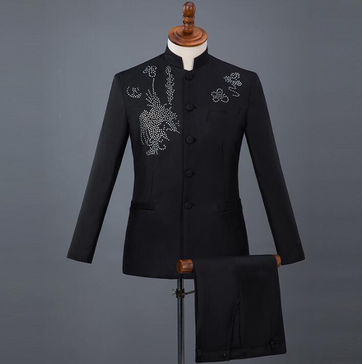 

Singer star style dance stage Sequin clothing men groom suit set with pants Chinese tunic suit mens wedding suits formal dress, Black