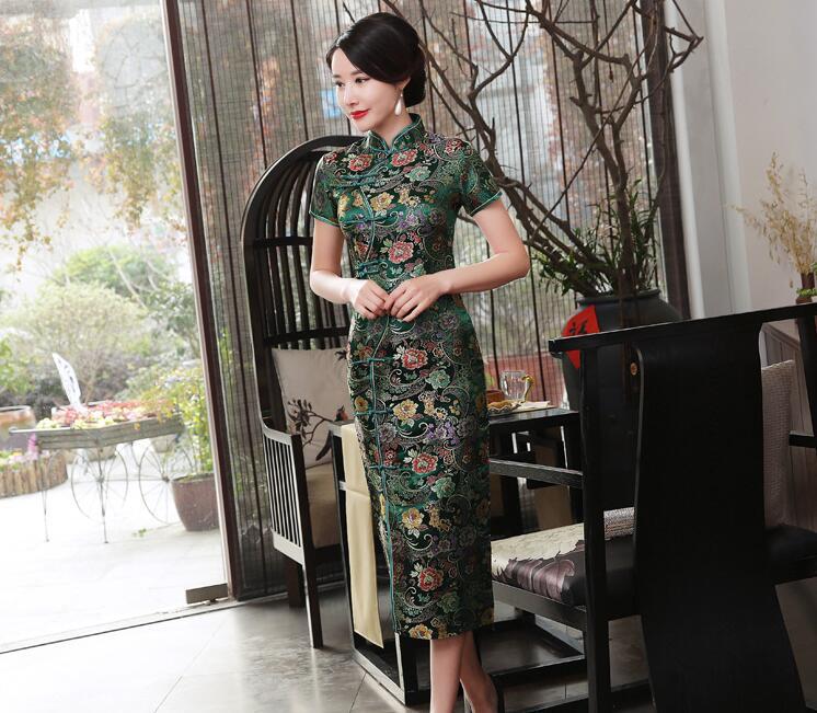 

Satin Women Cheongsam Traditional Chinese High Quality Elegant Silm Short Sleeve Novelty Vintage Long Dress Plus Size 2XL