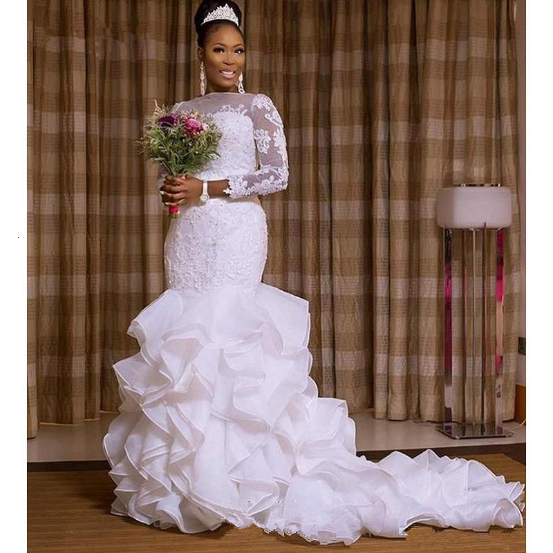 

2021 New African Romantic Mermaid Dresses Sleeves Black Dress Girls Dressed in Women's Wedding Sheer Illusion O98Y, White
