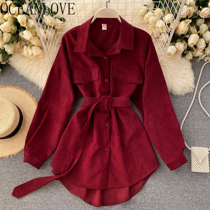 

OCEANLOVE Autumn Shirts Solid Sashes Korean Vintage Winter Fashion Women Blouses and Tops Single Breasted Blusas Mujer 18404 201201, Red