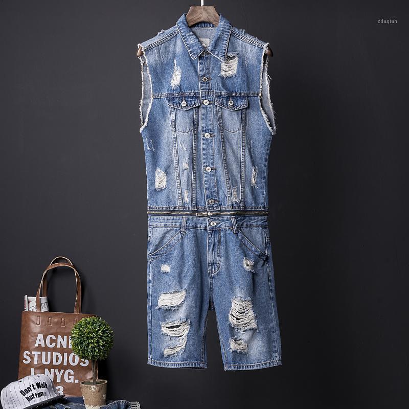 

One Piece Overalls Men Sleeveless Denim Jumpsuits Rompers Casual Zipper Male Holes Ripped Jeans Pants Trousers Cowboys Plus Size1, Blue