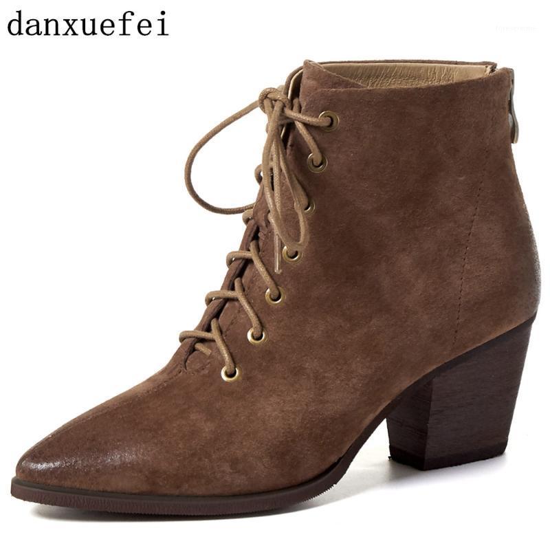 

Women's genuine suedde leather thick high heel autumn ankle boots retro lace-up short booties high quality boots shoes1, Black