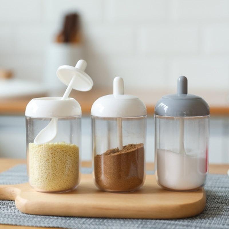 

Spice Jar with Lid Spoon Set Plastic Condiment Tins Salt Storage Container Seal Box Pepper Seasoning Kitchen Organizer