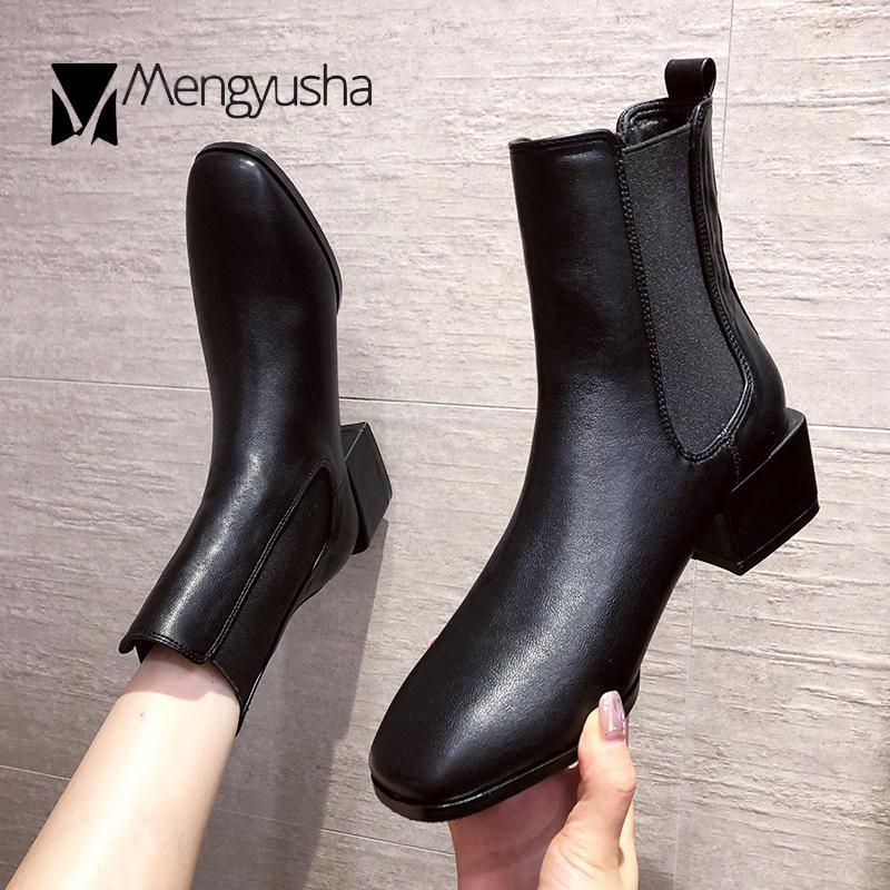 

British Stretch riding boots women pu leather shoes chunky heels square toe mid-calf booties elastic band knight botas female1, Black
