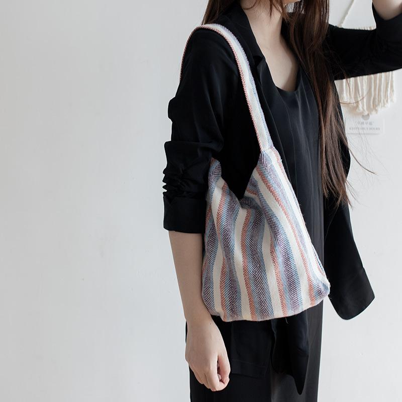 

Youda Women's Original New Korean Cloth Bags Female Student Literature Art Japanese Fashion Striped Canvas Shopping Underarm Bag, Big hasp