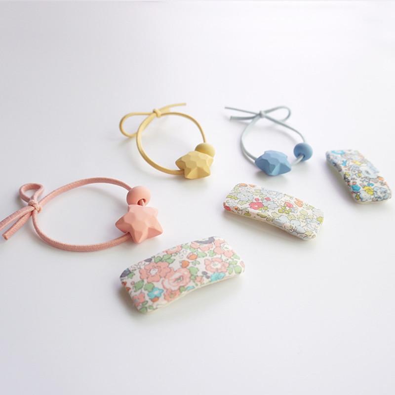 

Floral Fabric Rectangular Hair Clip Star Hair Rope Combination Set Accessories1, A1