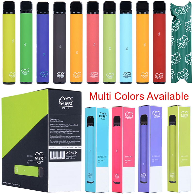 

Puff Plus 800 Puffs E Cigarettes Disposable Vape Pens Pre-filled 3.2ml Device Pods Starter Kits 550mAh Battery Cartridges Multi Colors
