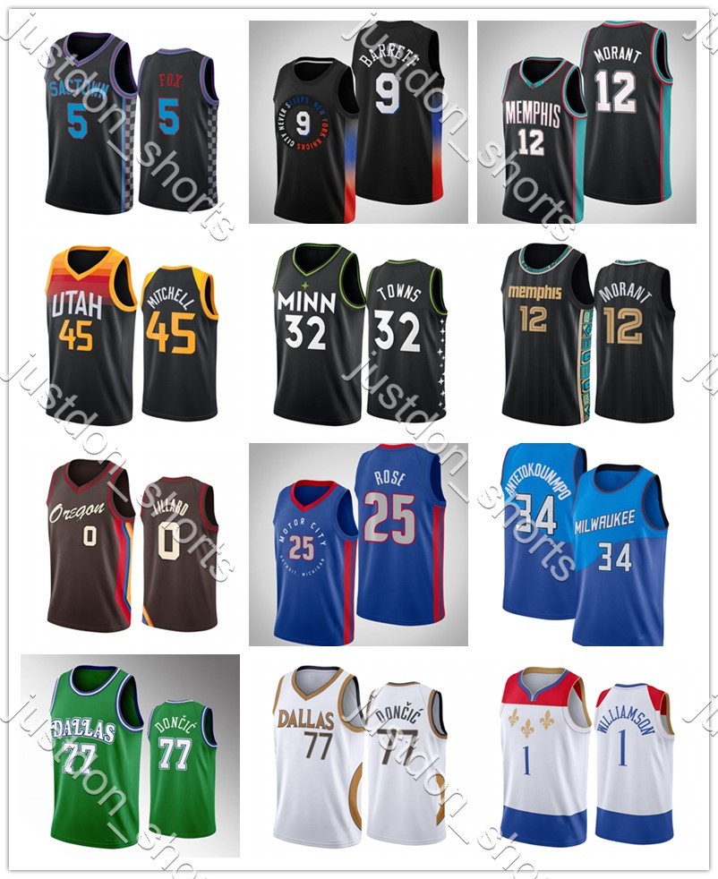 

Mens Mitchell 45 Morant 12 Lillard 0 Barrett 9 Fox 5 Towns 32 Doncic 77 Antetokounmpo 34 Rose 25 Williamson 1 Swingman Jerseys Embroidery, Black;red