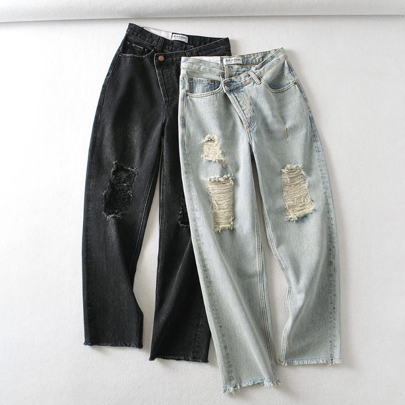 

2020 spring and autumn new style, wrong waist, irregular hole, old jeans, Black