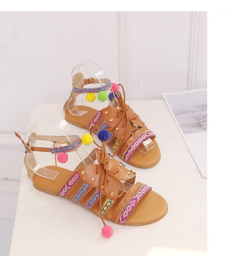 

2021 national style fur ball flat sandals European and American foreign trade large size sandals women's Bohemian national style1, Orange