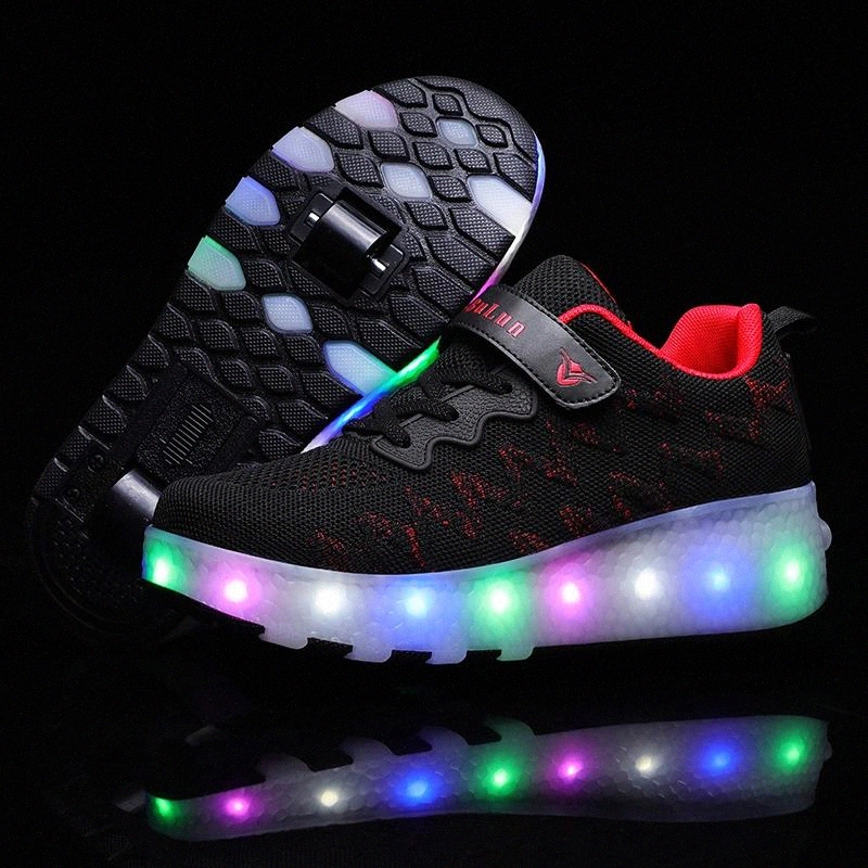 

Children Two Wheels Luminous Glowing Sneakers Black Red Pink Led Light Roller Skate Shoes Kids Led Shoes Boys Girls USB Charging #M504
