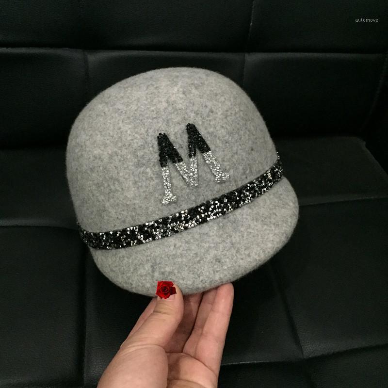 

202112-naonao-ins style autumn winter wool Gradient color rhinestone Ribbon leisure lady Octagonal hat women visors cap1, Gray