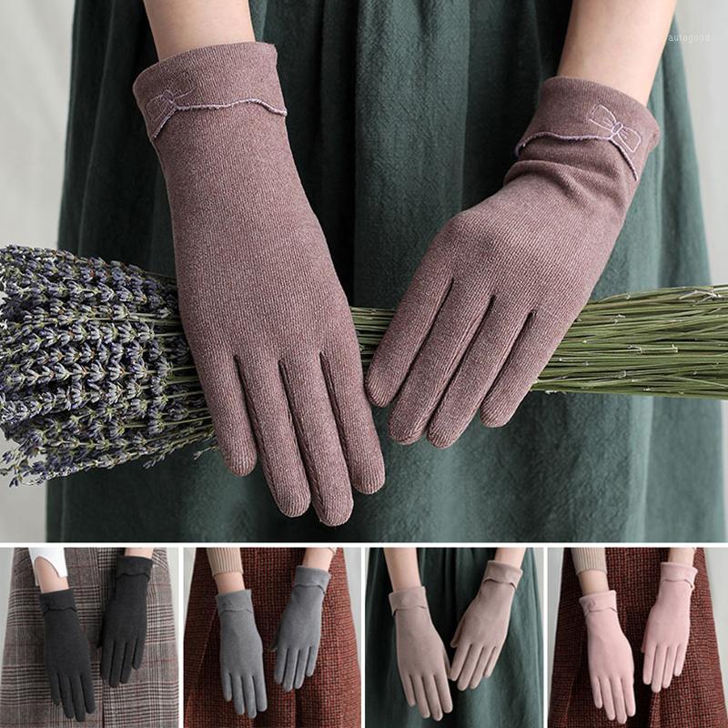 

Five Fingers Gloves Cotton Winter Women Warm Touch Screen Elegant Solid Color Bowknot Full Finger Mittens1