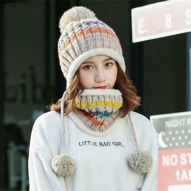 

2Pcs Scarf Hat Set Women Girls Winter Warm Pompoms Knitted And Scarves Set1, Black