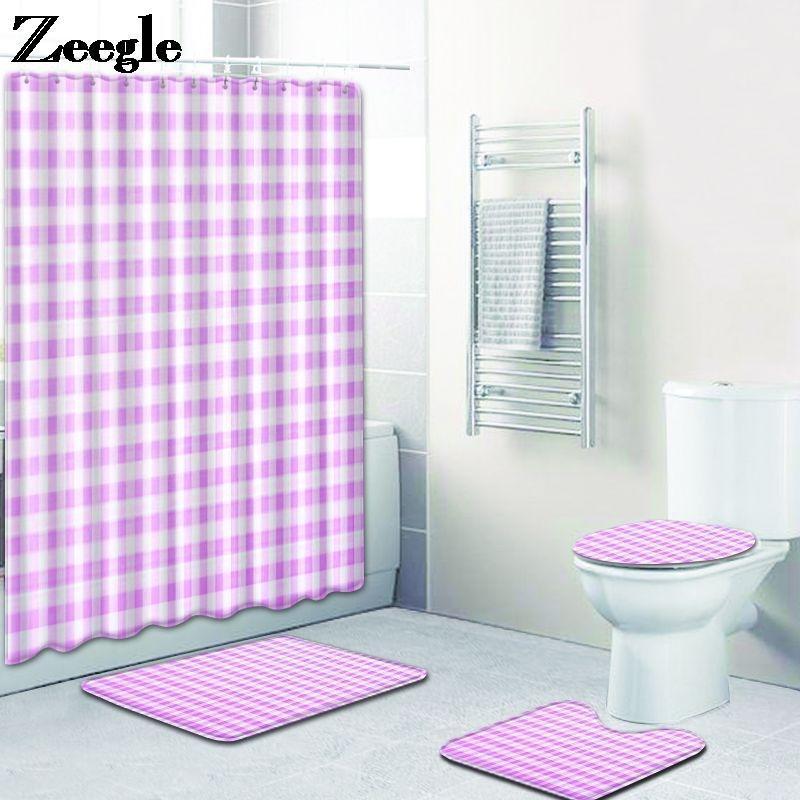 

Bath Mat and Shower Curtain Set Bathroom Decor Carpet Absorbent Lattice Printing Toilet Mat Rugs Flannel Foot Set1