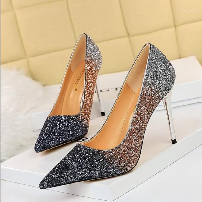 

European America Style Sexy Slim Stiletto High Heels Mixed Colors Pointed Toe Shallow Sequined Cloth Women Pumps Shoes 202007311, Black