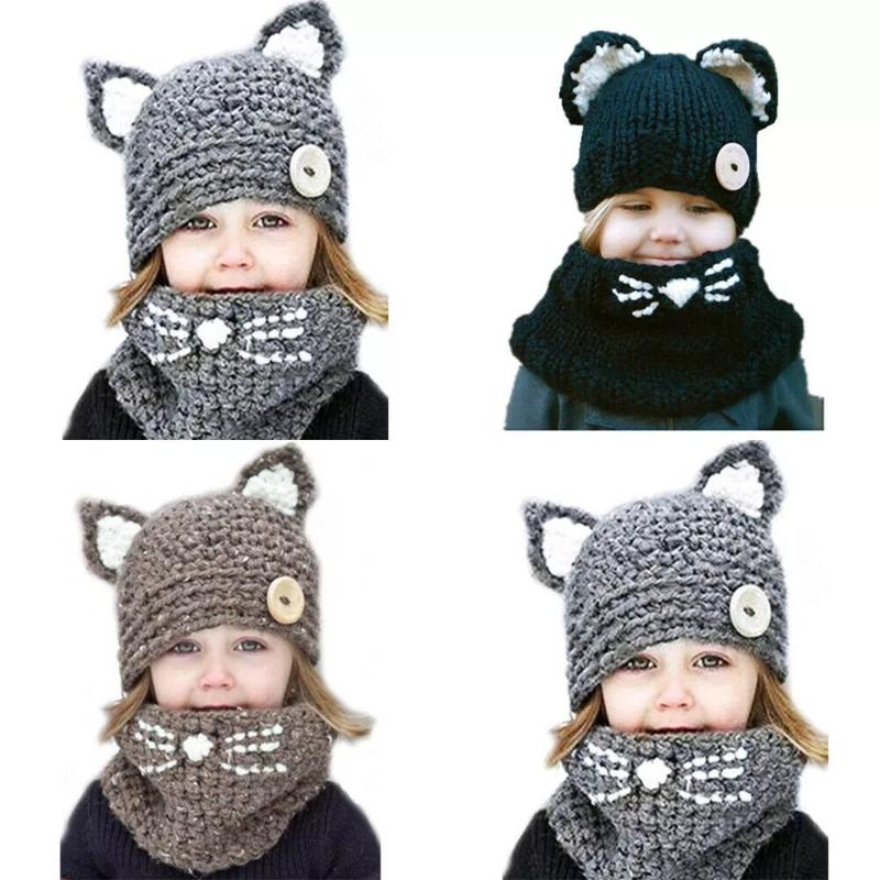 

Wide Brim Hats Cute Child Girl Boy Knit Weaved Cat's Ear Breathable Warm Caps With Scarf