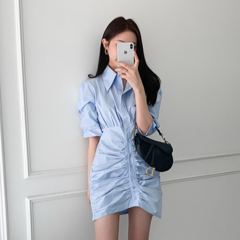 

2021 New Sexy Ruched Mini Korean Women's Chic Retro Lapel Plied Waist Thin Dress Half Sleeve Short Shirt Ladies'dress GXFJ, White