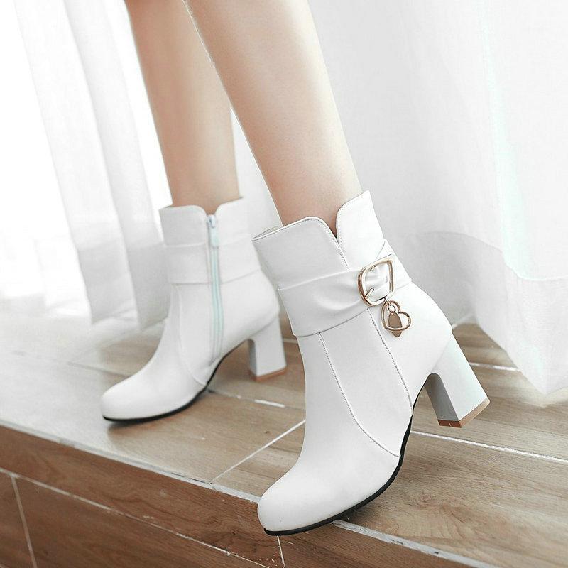 

Female Comfortable Thick Heel Ankle Boots Fashion Buckle Zipper Boots Women Round Toe Fall Winter Shoes Black White Pink1