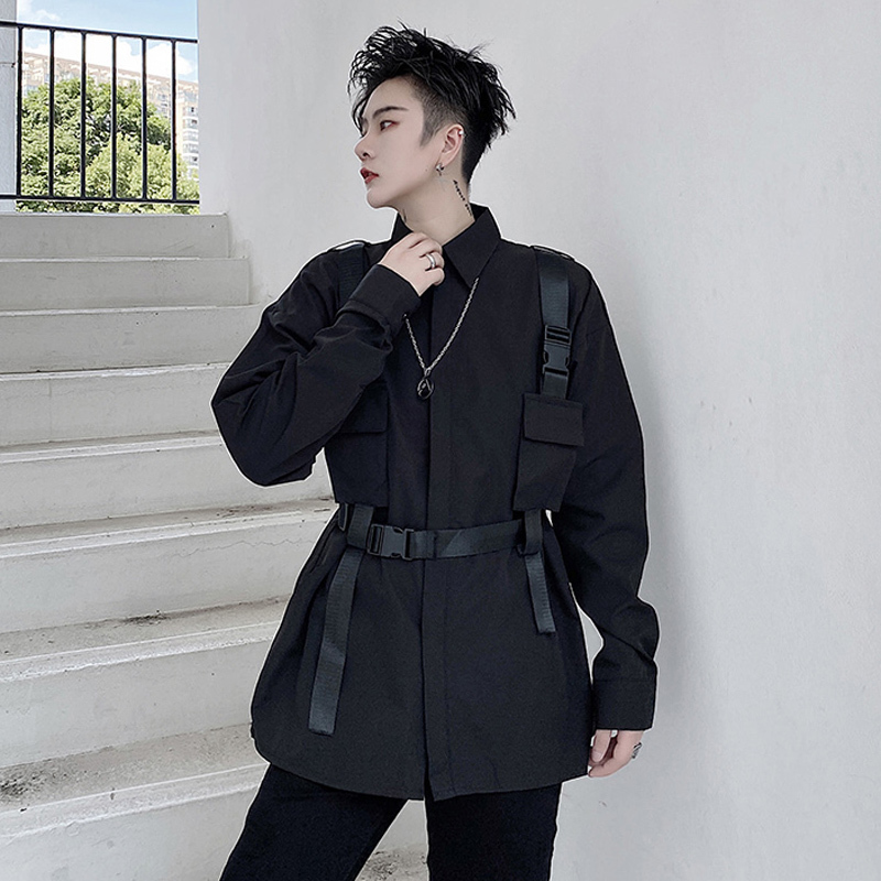 

2021 Men Black Autumn White Shoulder Strap Long Sleeve Shirt Vintage Man Pocket Tape Waist Load Shirts Ao1s