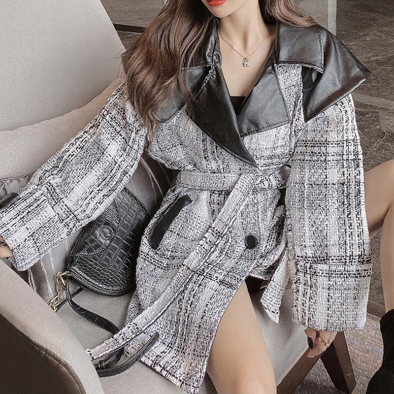 

EWQ]2020 Winter Turn-down Collar Double Breasted Long-sleeved Panelled Plaid Straight Minimalist Lace Up Woolen Overcoat 8Q017, Black