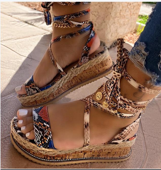 

Summer new style sandals ankle straps snake pattern sequined thick sole women's shoes large size open toe shoes1, Khaki